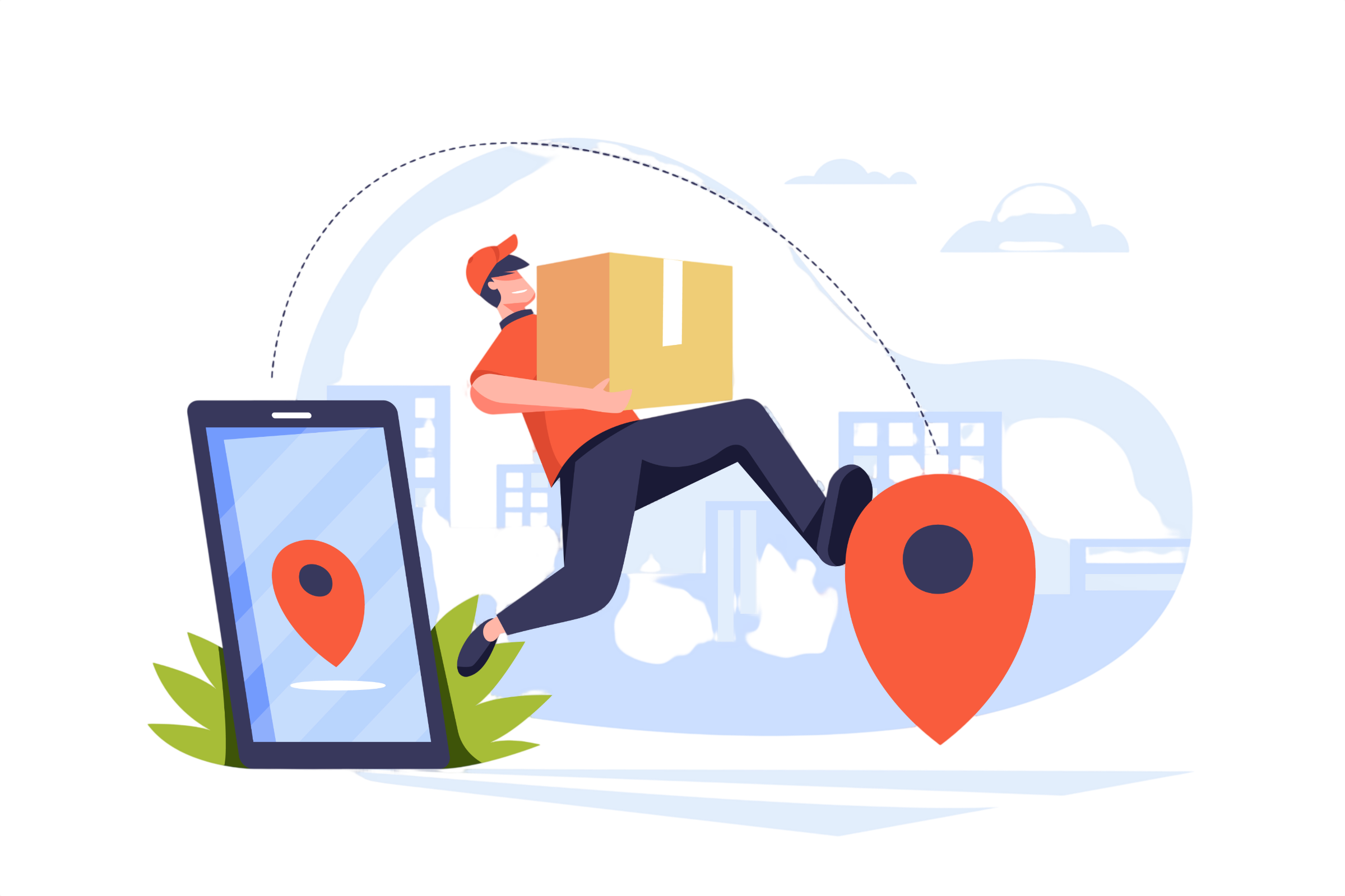 Camion de livraison sur fond bleu avec trajet logistique